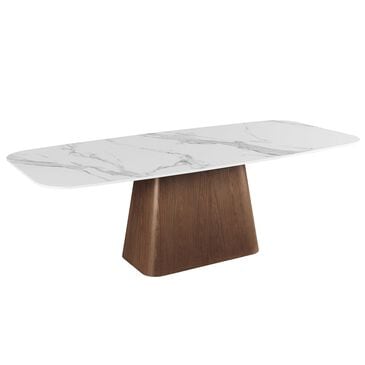 Monroe Kenza Pedestal Dining Table with White Marbleized Stone Top and Light Wood Finish, , large