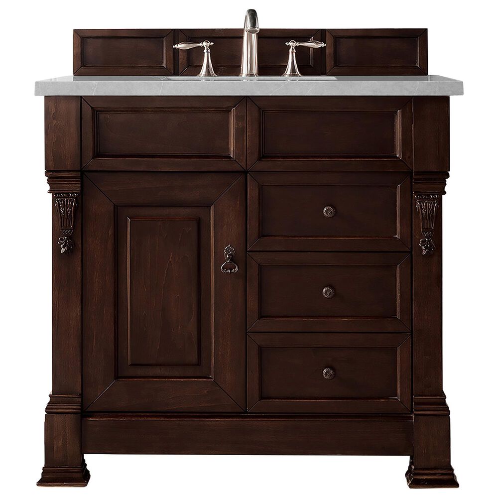 James Martin Brookfield 36" Single Bathroom Vanity in Burnished Mahogany with 3 cm Eternal Serena Quartz Top and Rectangle Sink, , large