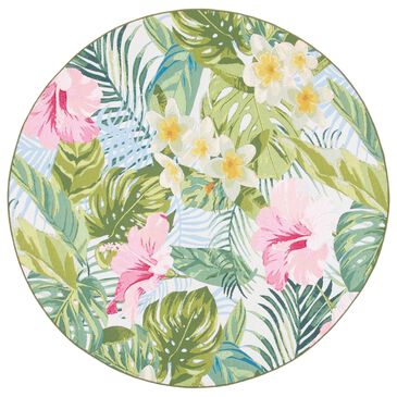 Safavieh Barbados Tropical Floral 8" Round Green and Pink Indoor/Outdoor Area Rug, , large