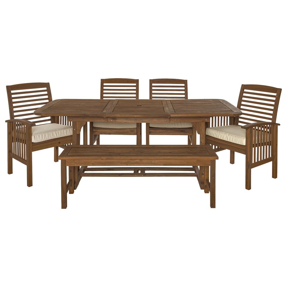 Walker Edison 6-Piece Slat-Back Patio Dining Set with Bench in Dark Brown, , large