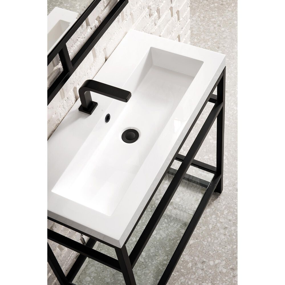 James Martin Boston 31.5&quot; Single Bathroom Vanity in Matte Black with 3 cm White Glossy Resin Countertop and Rectangular Sink, , large
