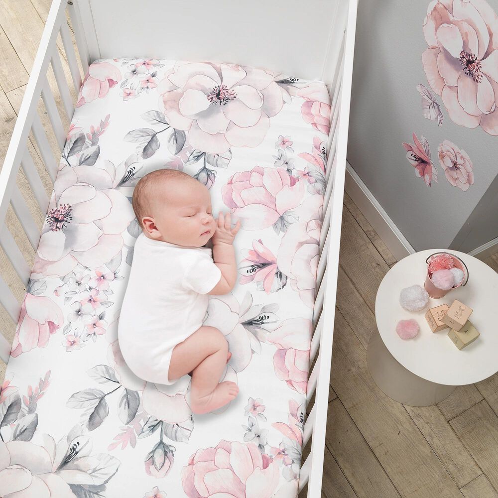 Lambs and Ivy Watercolor Floral 4-Piece Crib Bedding Set in Pink and Grey, , large