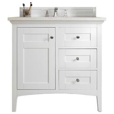 James Martin Palisades 36" Single Bathroom Vanity in Bright White with 3 cm Carrara White Marble Top and Rectangular Sink, , large