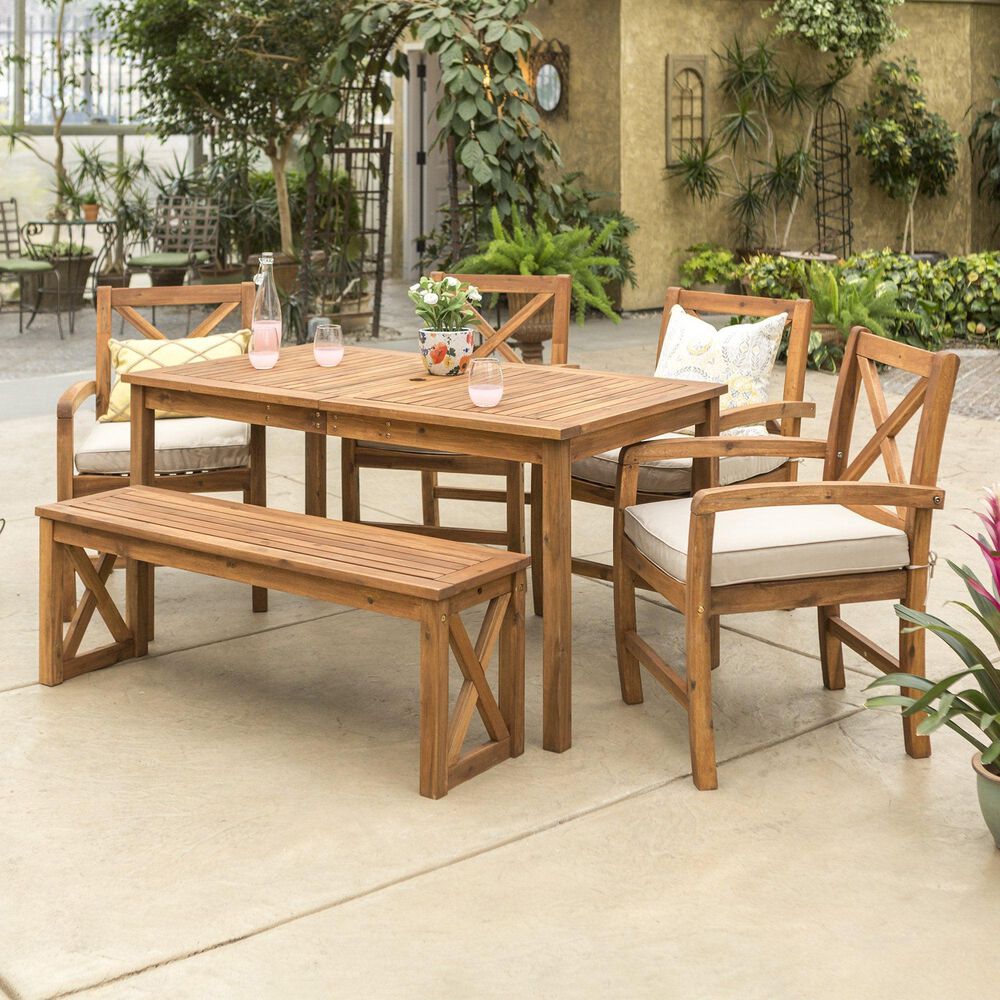 Walker Edison 6-Piece Patio Dining Set with Bench and Cushions in Brown, , large