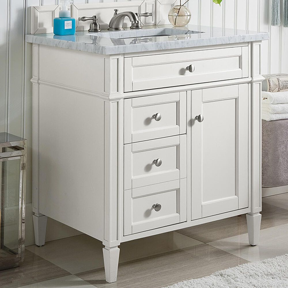 James Martin Brittany 30&quot; Single Bathroom Vanity in Bright White with 3 cm Carrara White Marble Top and Rectangle Sink, , large