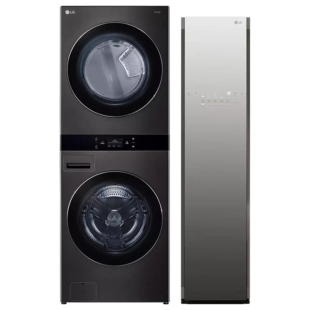 LG WashTower with 5.0 Cu. Ft. Washer, 7.4 Cu. Ft. Electric Dryer and Mirror Steam Clothing Styler in Black Steel, , large