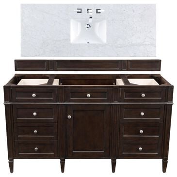 James Martin Brittany 60" Single Bathroom Vanity in Burnished Mahogany with 3 cm Carrara White Marble Top and Rectangle Sink, , large