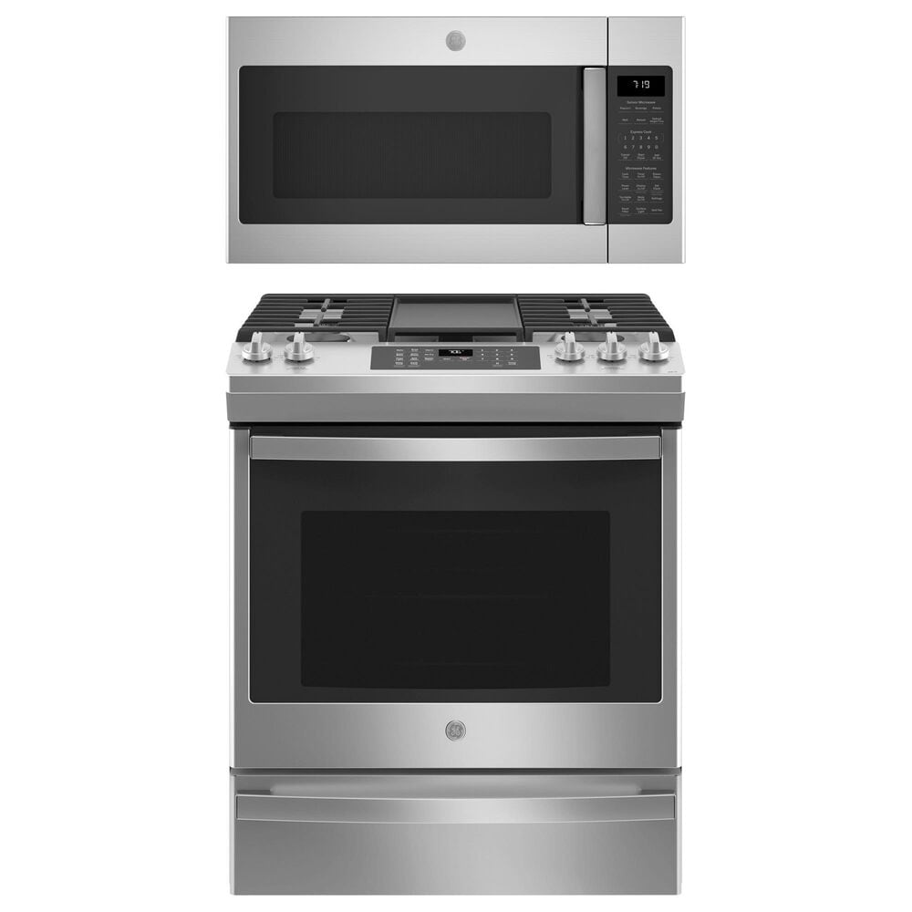 GE 2-Piece Kitchen Package with 30" Smart Slide-In Front-Control Gas Range and 1.9 Cu. Ft. Microwave Oven in Stainless Steel, , large