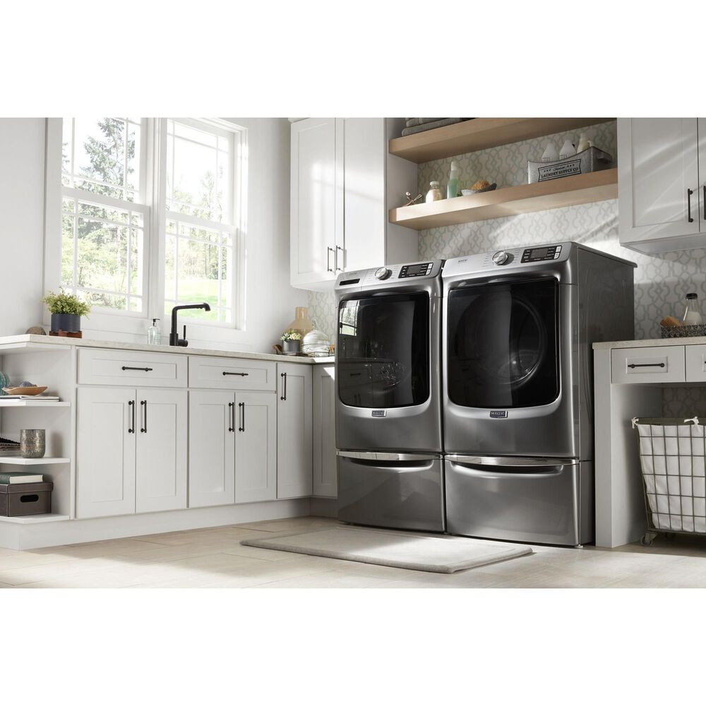 Maytag 4.8 Cu. Ft. Front Load Washer and 7.3 Cu. Ft. Electric Dryer Laundry Pair with Pedestal in Metallic Slate, , large