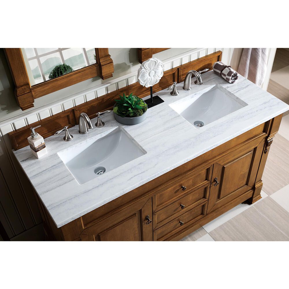 James Martin Brookfield 60&quot; Double Bathroom Vanity in Country Oak with 3 cm Arctic Fall Solid Surface Top and Rectangle Sink, , large
