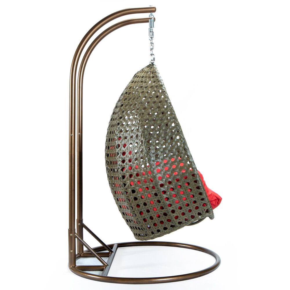 Leisuremod 57&quot; Patio 2-Seat Hanging Egg Swing Chair with Red Cushion in Beige, , large