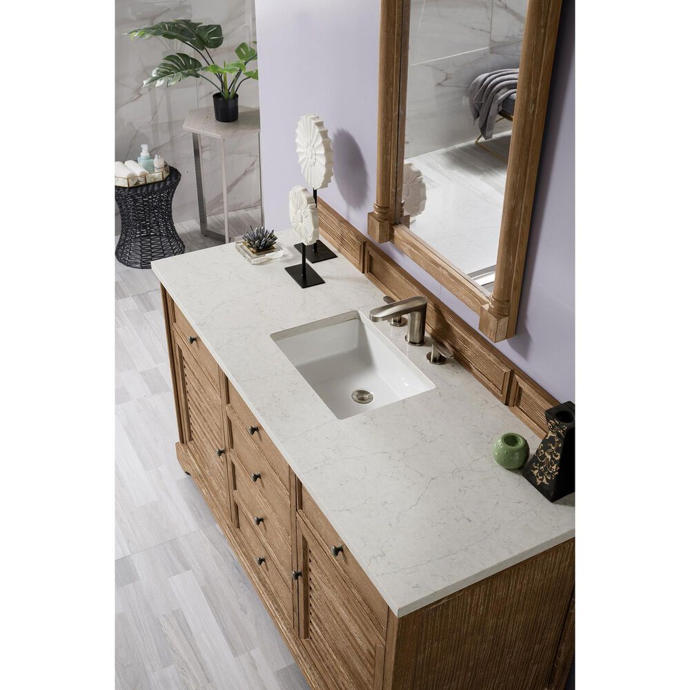 James Martin Savannah 60&quot; Single Bathroom Vanity in Driftwood with 3 cm Eternal Jasmine Pearl Quartz Top and Rectangular Sink, , large