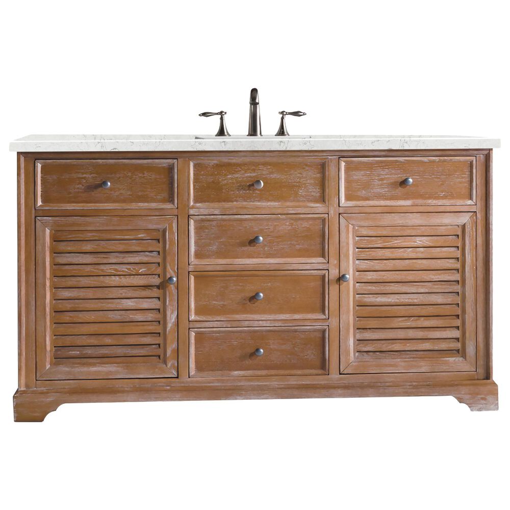 James Martin Savannah 60" Single Bathroom Vanity in Driftwood with 3 cm Eternal Jasmine Pearl Quartz Top and Rectangular Sink, , large