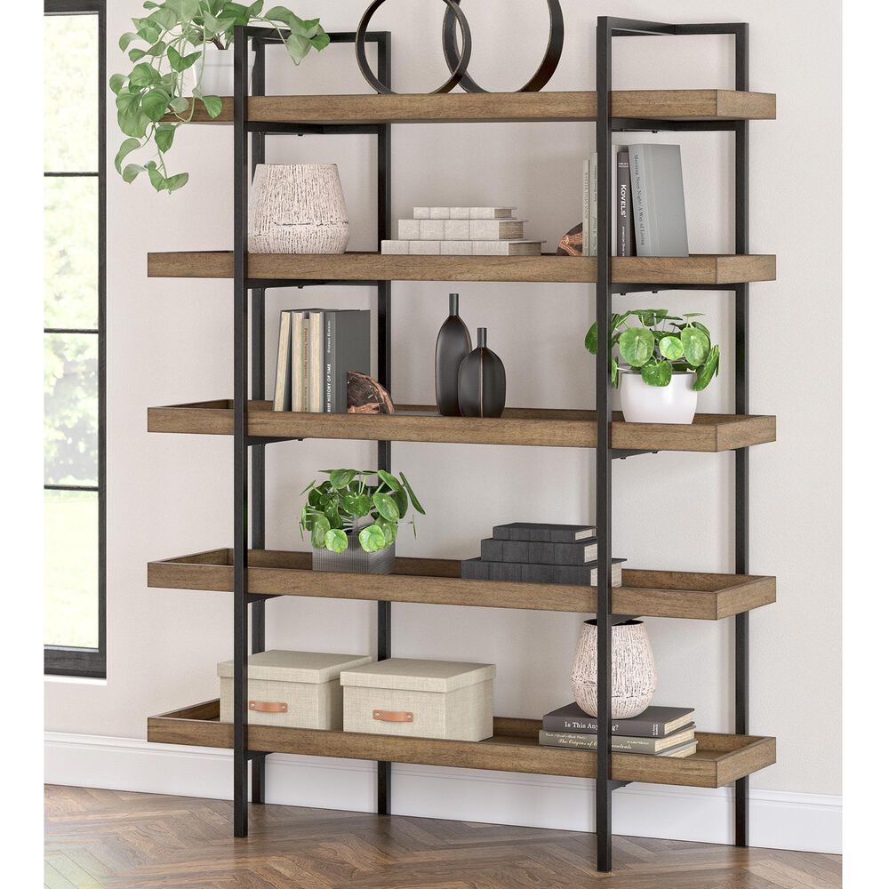 Signature Design by Ashley Montia 76&quot; Bookcase in Light Brown and Gunmetal Gray, , large