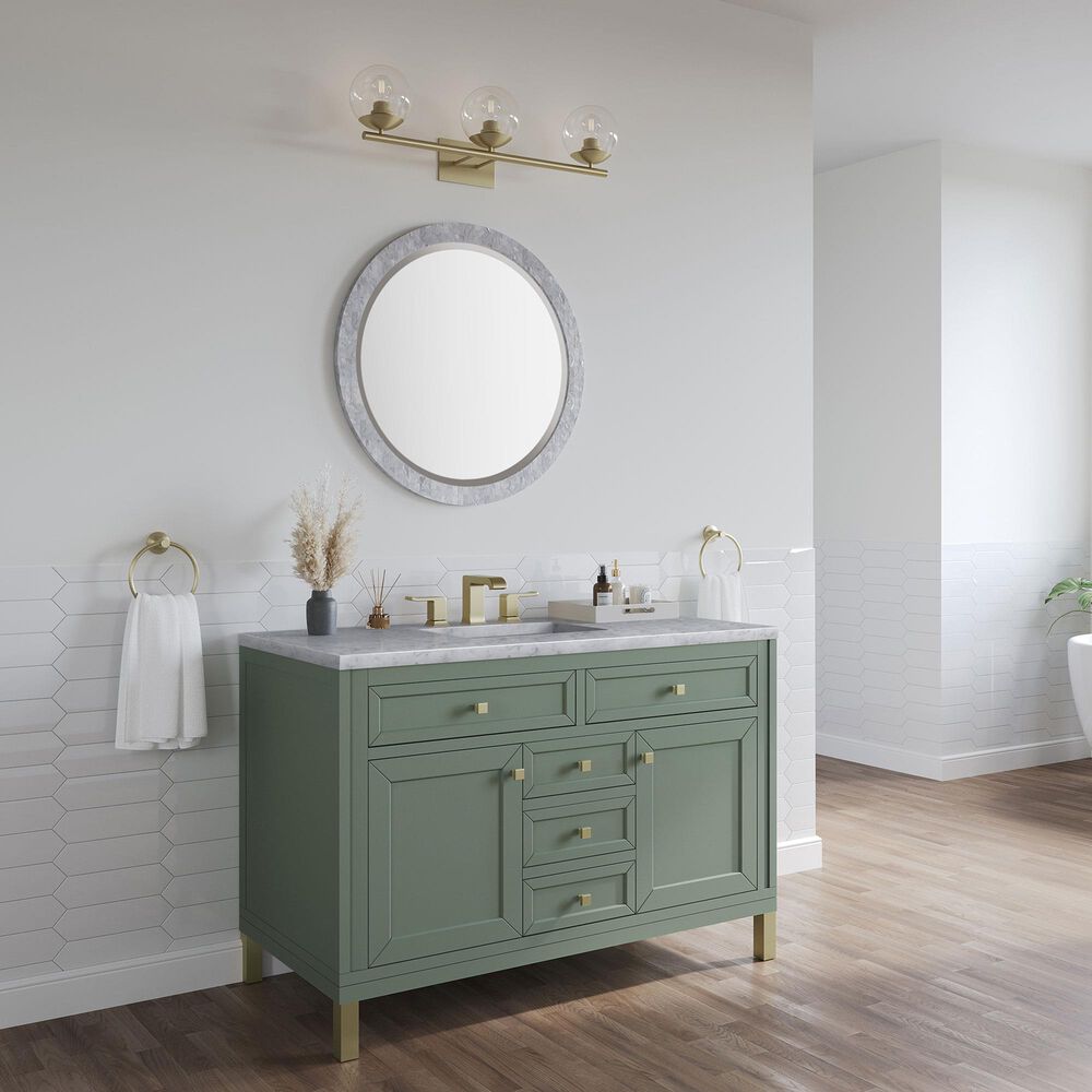 James Martin Chicago 48&quot; Single Bathroom Vanity in Smokey Celadon with 3 cm Carrara White Marble Top and Rectangular Sink, , large