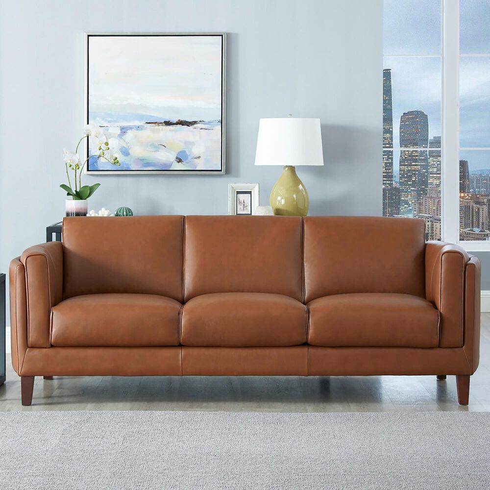 Leather Uph Pacer Stationary Sofa in Nutmeg Brown, , large