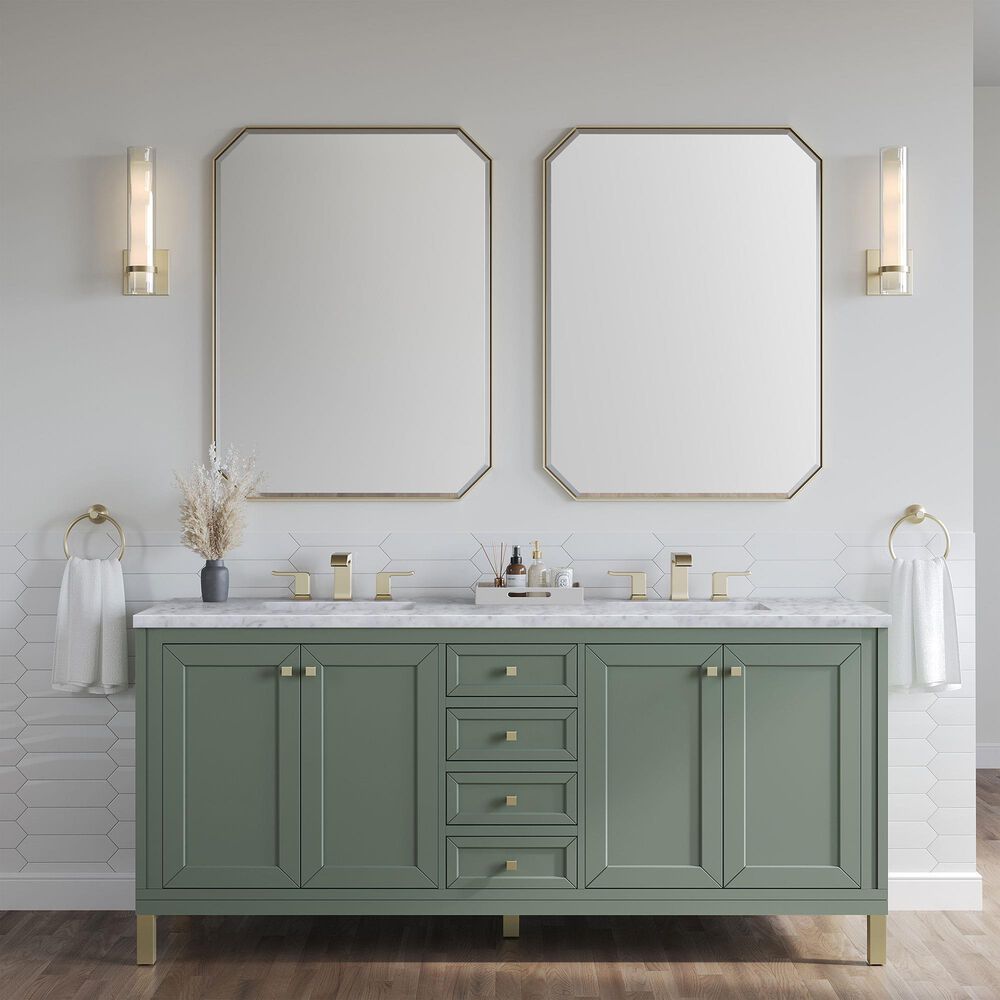 James Martin Chicago 72&quot; Double Bathroom Vanity in Smokey Celadon with 3 cm Carrara White Marble Top and Rectangular Sinks, , large