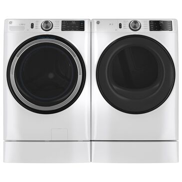 GE 4.8 Cu. Ft. Front Load Washer and 7.8 Cu. Ft. Electric Dryer Laundry Pair with Riser in White, , large