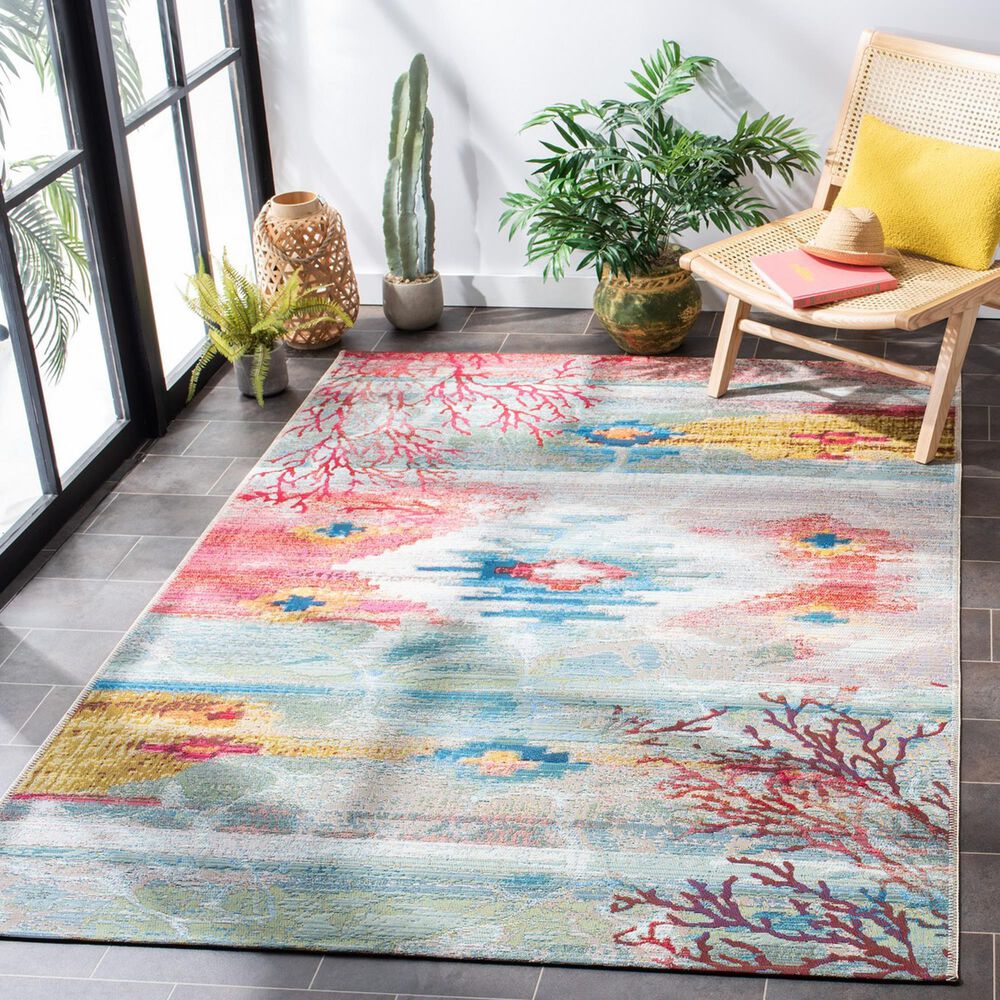 Safavieh Barbados Tropical Abstract 5&#39;3&quot; x 7&#39; Light Blue and Pink Indoor/Outdoor Area Rug, , large