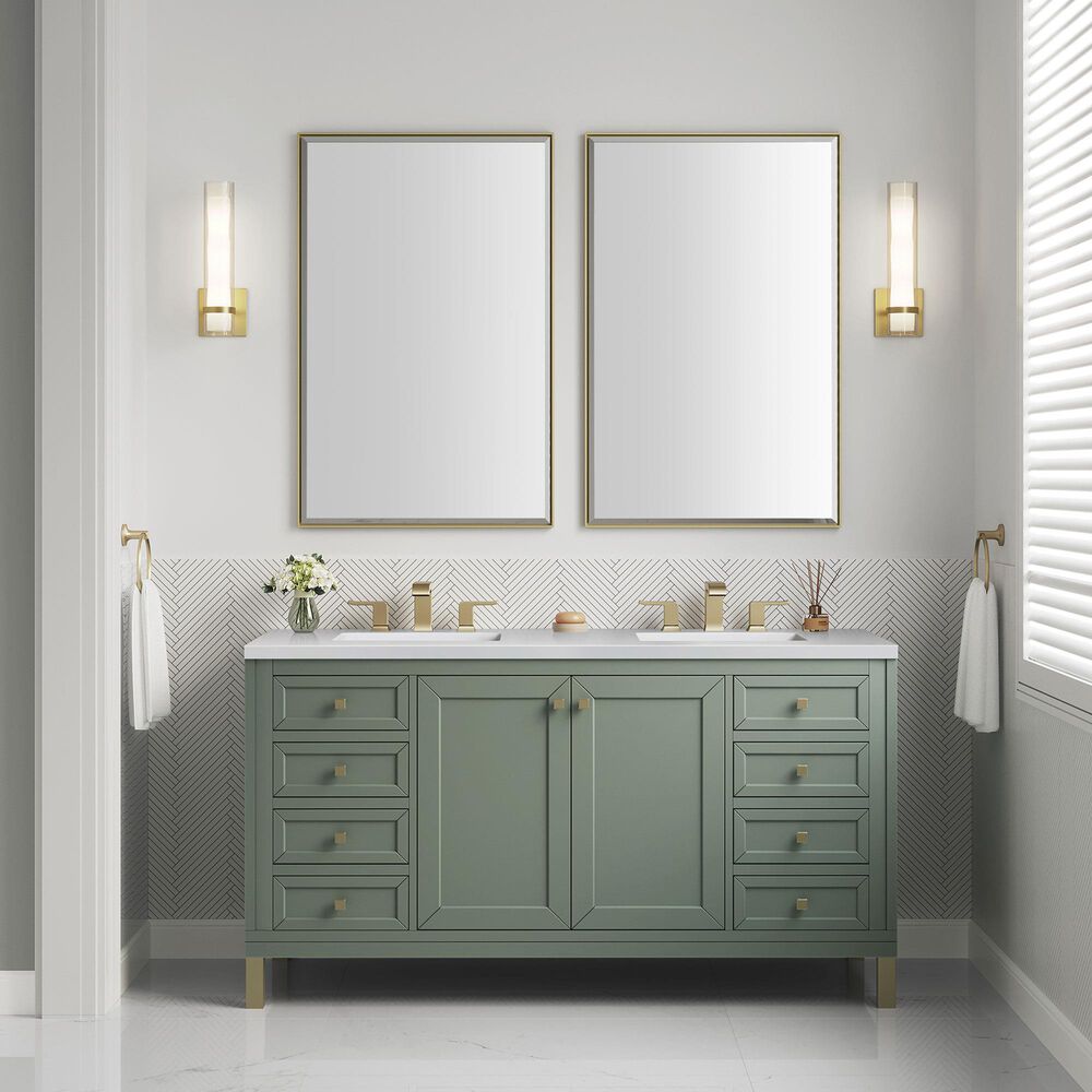 James Martin Chicago 60&quot; Double Bathroom Vanity in Smokey Celadon with 3 cm White Zeus Quartz Top and Rectangular Sinks, , large