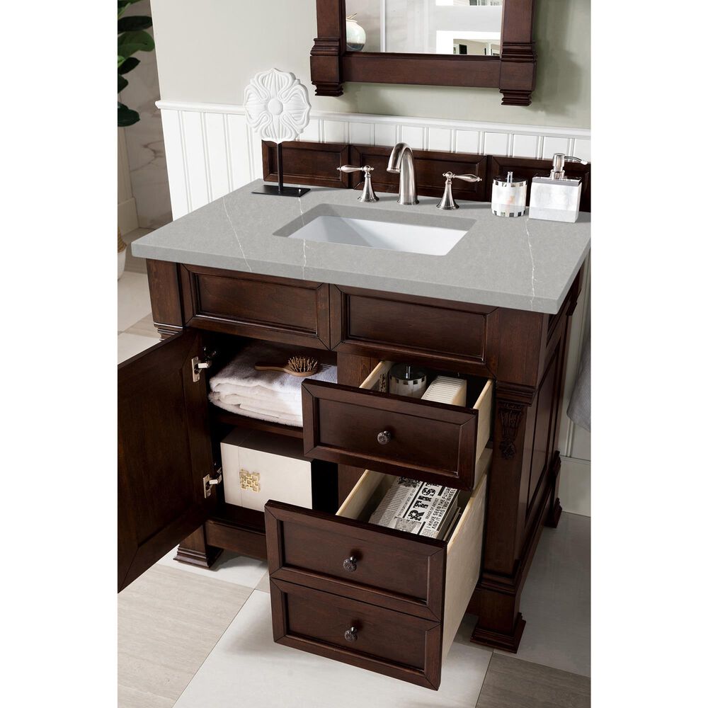 James Martin Brookfield 36&quot; Single Bathroom Vanity in Burnished Mahogany with 3 cm Eternal Serena Quartz Top and Rectangle Sink, , large