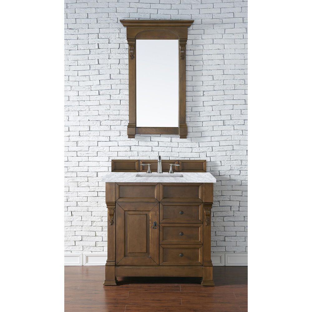James Martin Brookfield 36&quot; Single Bathroom Vanity in Country Oak with 3 cm Carrara White Marble Top and Rectangle Sink, , large