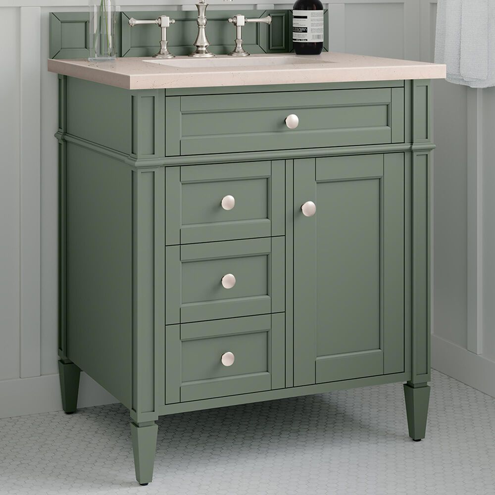 James Martin Brittany 30&quot; Single Bathroom Vanity in Smokey Celadon with 3 cm Eternal Marfil Quartz Top and Rectangular Sink, , large