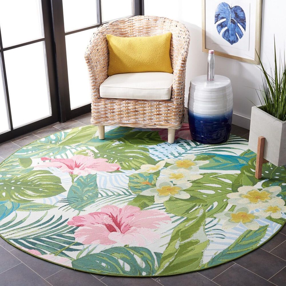 Safavieh Barbados Tropical Floral 8&#39; Round Green and Pink Indoor/Outdoor Area Rug, , large