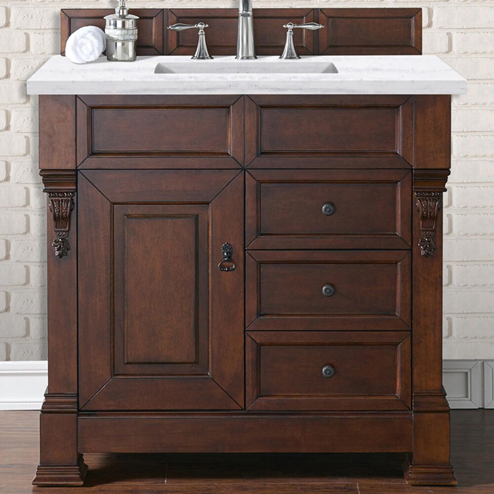 James Martin Brookfield 36&quot; Single Bathroom Vanity in Warm Cherry with 3 cm Arctic Fall Solid Surface Top and Rectangle Sink, , large