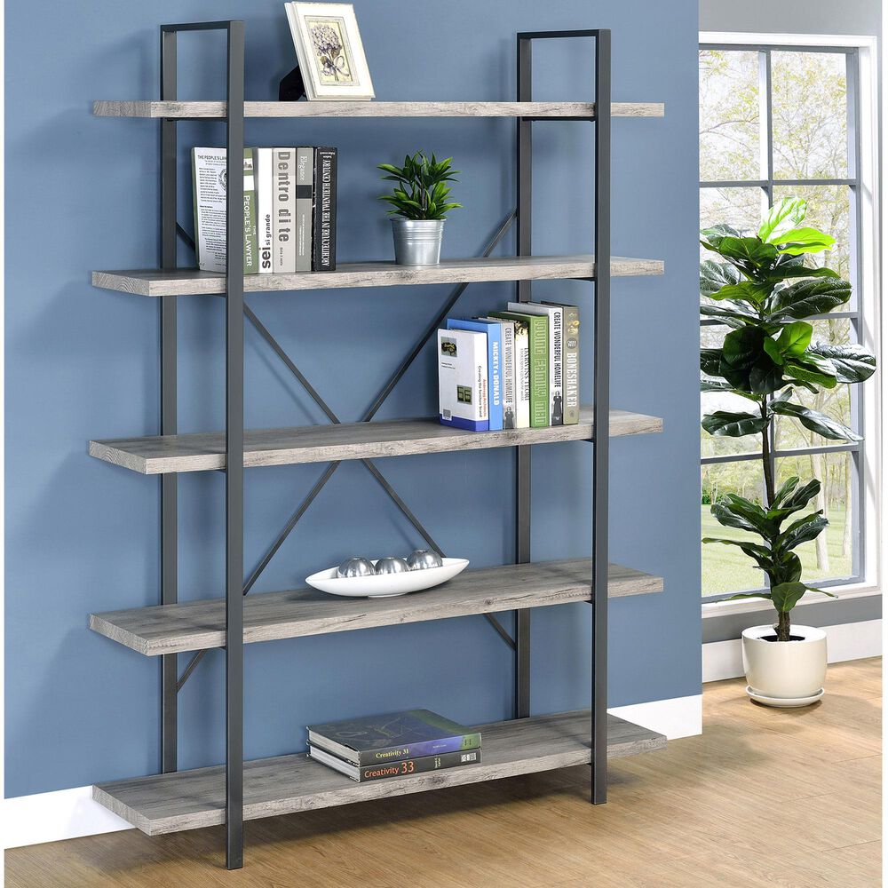 Pacific Landing Cole 5-Shelf Bookcase Grey Driftwood and Gunmetal, , large