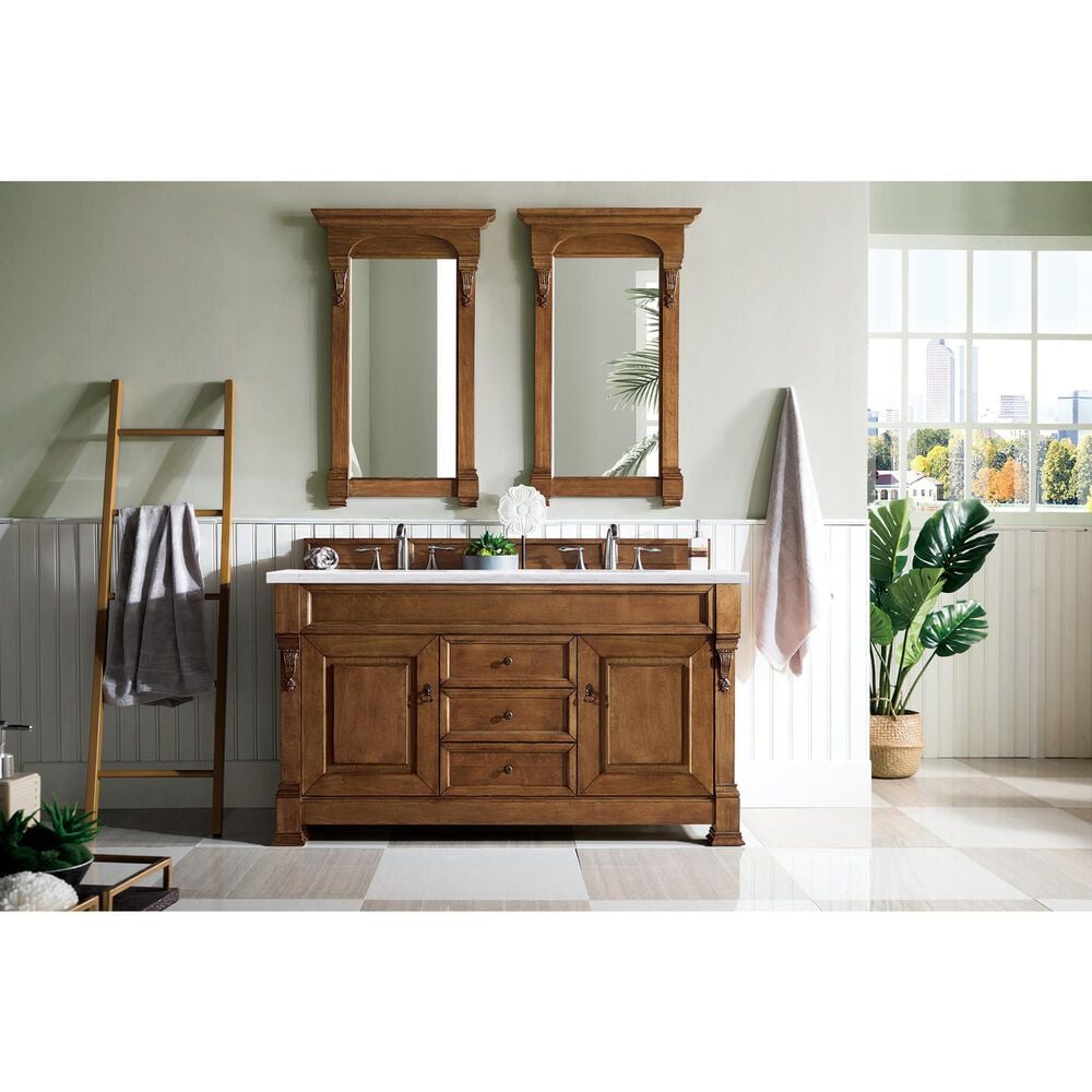 James Martin Brookfield 60&quot; Double Bathroom Vanity in Country Oak with 3 cm Arctic Fall Solid Surface Top and Rectangle Sink, , large