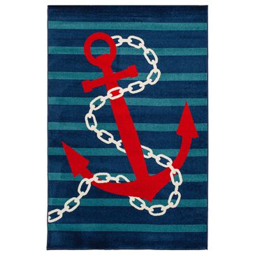 Central Oriental Terrace Tropic Anchored Stripes 6"7" x 9"6" Sapphire and Coral Area Rug, , large