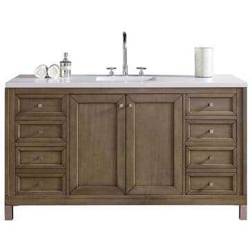 James Martin Chicago 60" Single Bathroom Vanity in White Washed Walnut with 3 cm White Zeus Quartz Top and Rectangular Sink, , large