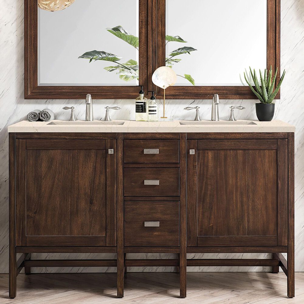 James Martin Addison 60&quot; Double Bathroom Vanity in Mid Century Acacia with 3 cm Eternal Marfil Quartz Top and Rectangular Sinks, , large