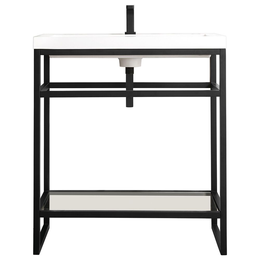 James Martin Boston 31.5" Single Bathroom Vanity in Matte Black with 3 cm White Glossy Resin Countertop and Rectangular Sink, , large