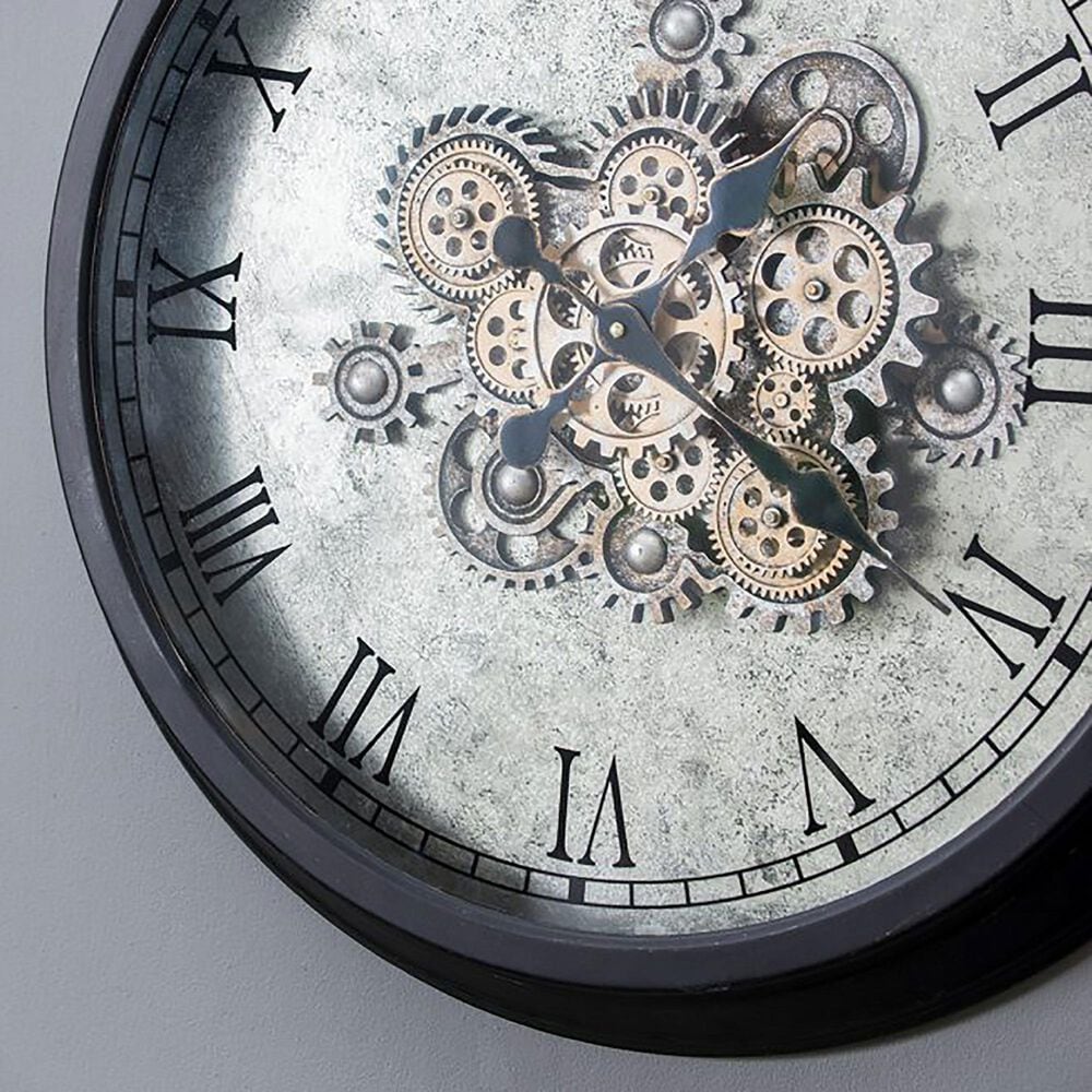 A&B Home Round Clock with Exposed Gold Gears in Gray and Black