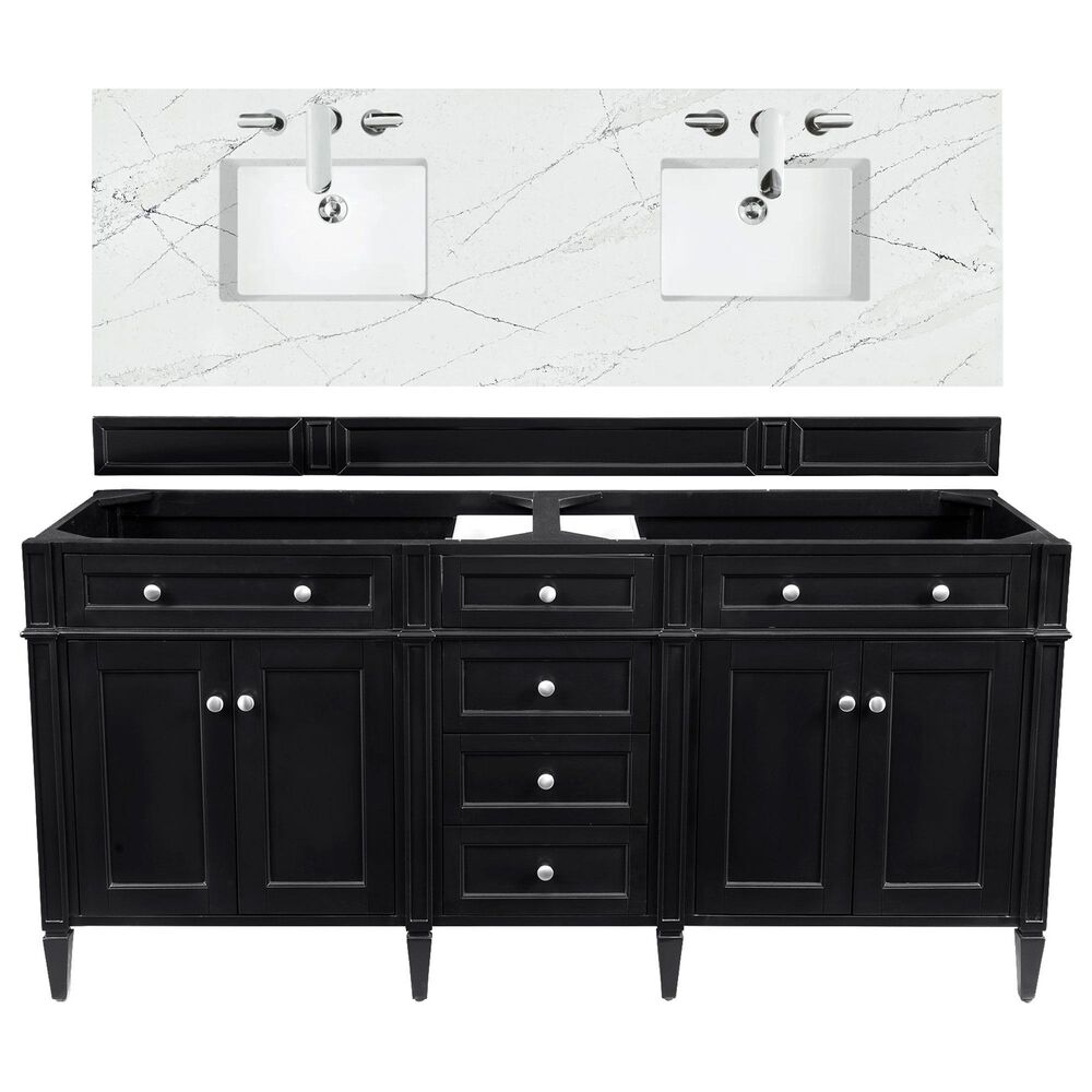 James Martin Brittany 72" Double Bathroom Vanity in Black Onyx with 3 cm Ethereal Noctis Quartz Top and Rectangle Sinks, , large