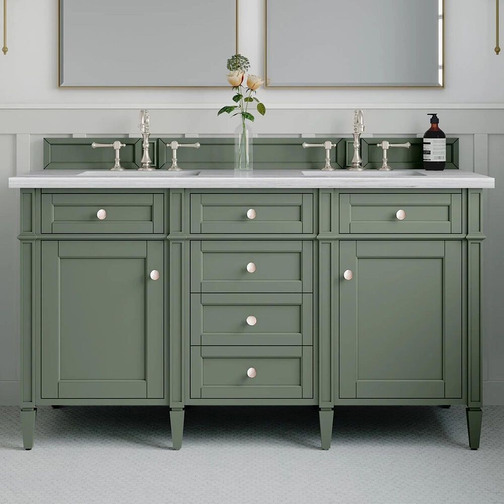 James Martin Brittany 60&quot; Double Bathroom Vanity in Smokey Celadon with 3 cm Arctic Fall Solid Surface Top and Rectangular Sinks, , large