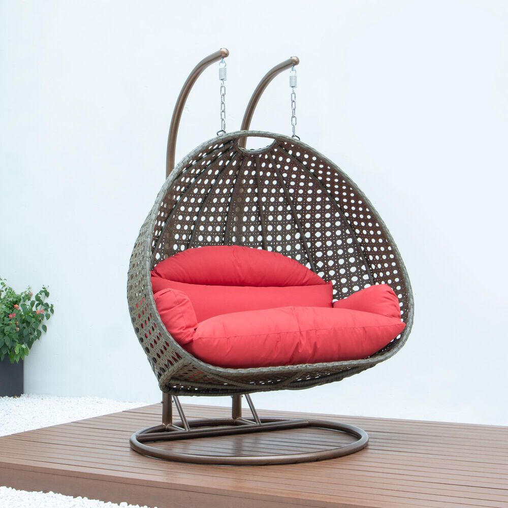 Leisuremod 57&quot; Patio 2-Seat Hanging Egg Swing Chair with Red Cushion in Beige, , large