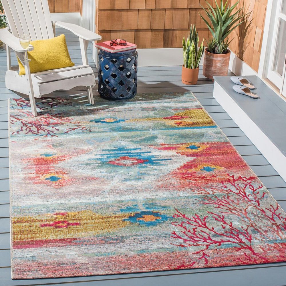 Safavieh Barbados Tropical Abstract 5&#39;3&quot; x 7&#39; Light Blue and Pink Indoor/Outdoor Area Rug, , large