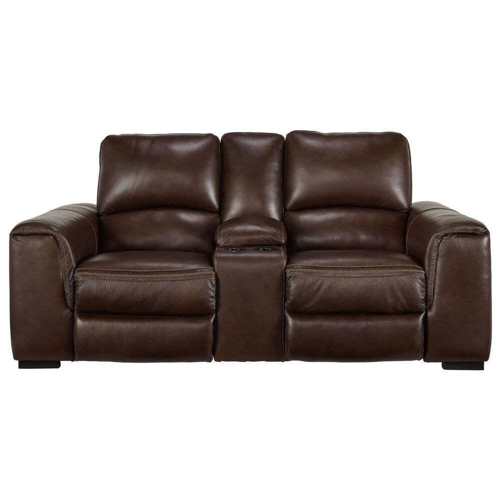 Signature Design by Ashley Alessandro Power Reclining Console Loveseat in Walnut, , large