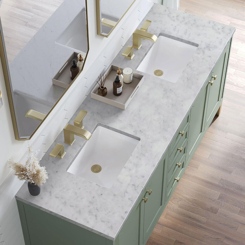 James Martin Chicago 72&quot; Double Bathroom Vanity in Smokey Celadon with 3 cm Carrara White Marble Top and Rectangular Sinks, , large