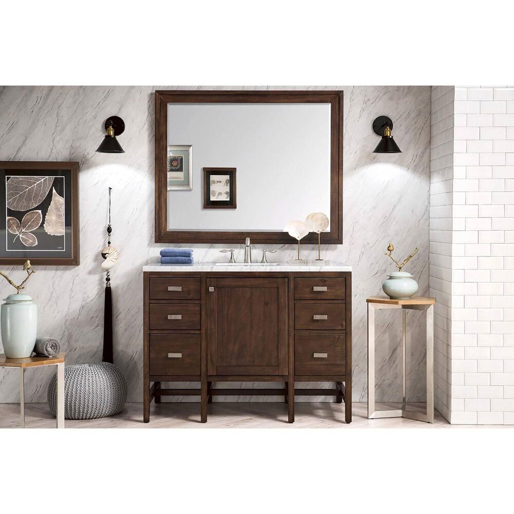 James Martin Addison 48&quot; Single Vanity in Mid Century Acacia with 3 cm Carrara White Marble Top, , large
