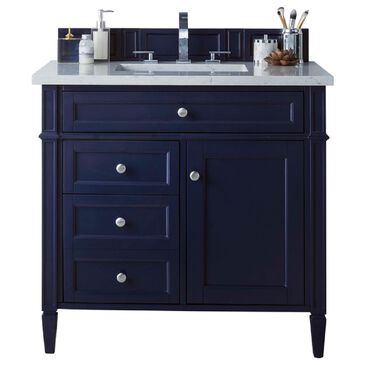 James Martin Brittany 36" Single Bathroom Vanity in Victory Blue with 3 cm Carrara White Marble Top and Rectangle Sink, , large