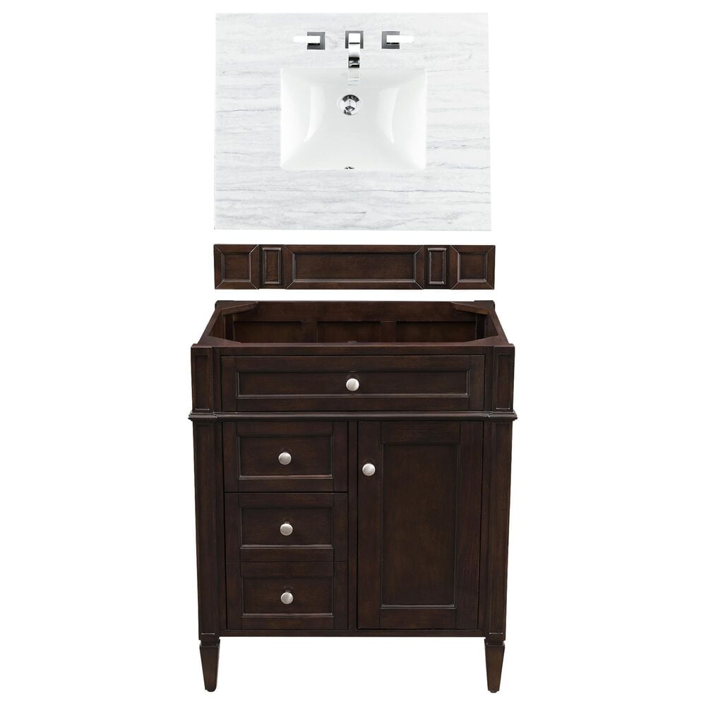 James Martin Brittany 30" Single Bathroom Vanity in Burnished Mahogany with 3 cm Arctic Fall Solid Surface Top and Rectangle Sink, , large