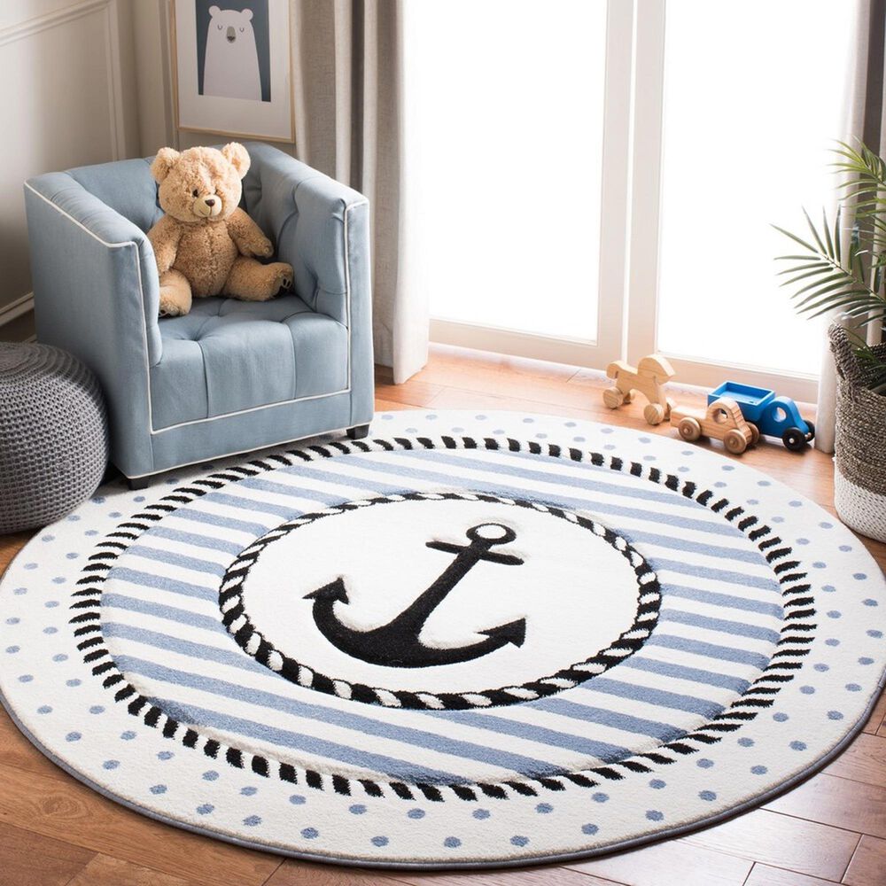 Safavieh Carousel 5&#39;3&quot; Round Ivory and Navy Kids  Area Rug, , large