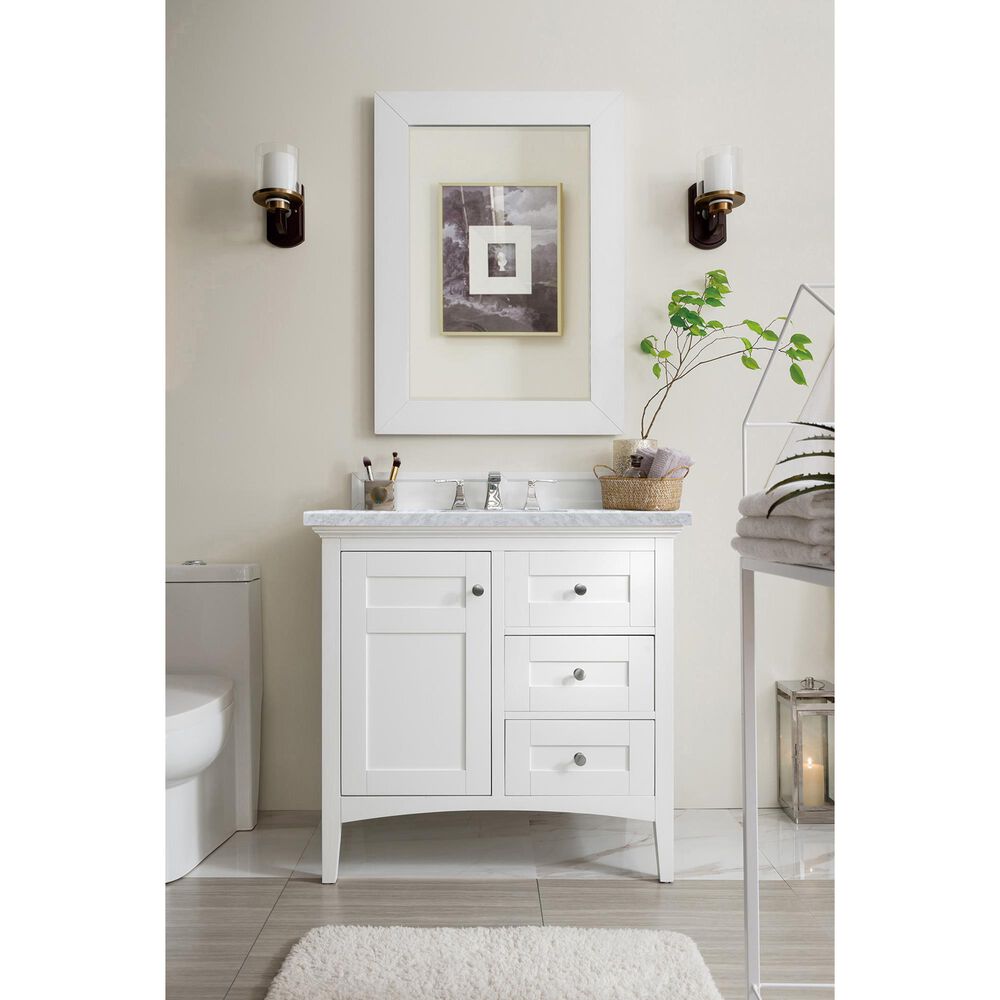 James Martin Palisades 36&quot; Single Bathroom Vanity in Bright White with 3 cm Carrara White Marble Top and Rectangular Sink, , large