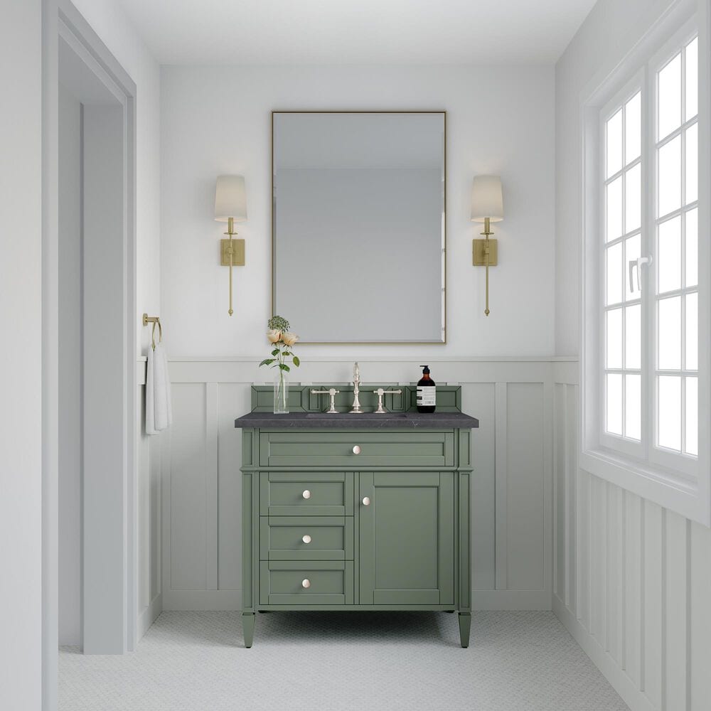 James Martin Brittany 36&quot; Single Bathroom Vanity in Smokey Celadon with 3 cm Charcoal Soapstone Quartz Top and Rectangular Sink, , large