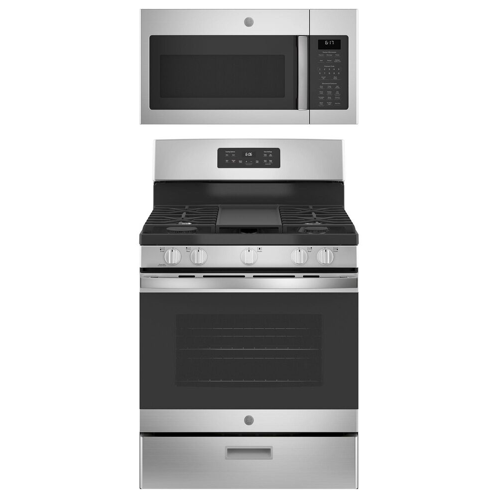GE Appliances 2-Piece Kitchen Package with 30" Free-Standing Gas Range and 1.7 Cu. Ft. Over-the-Range Microwave in Stainless Steel, , large