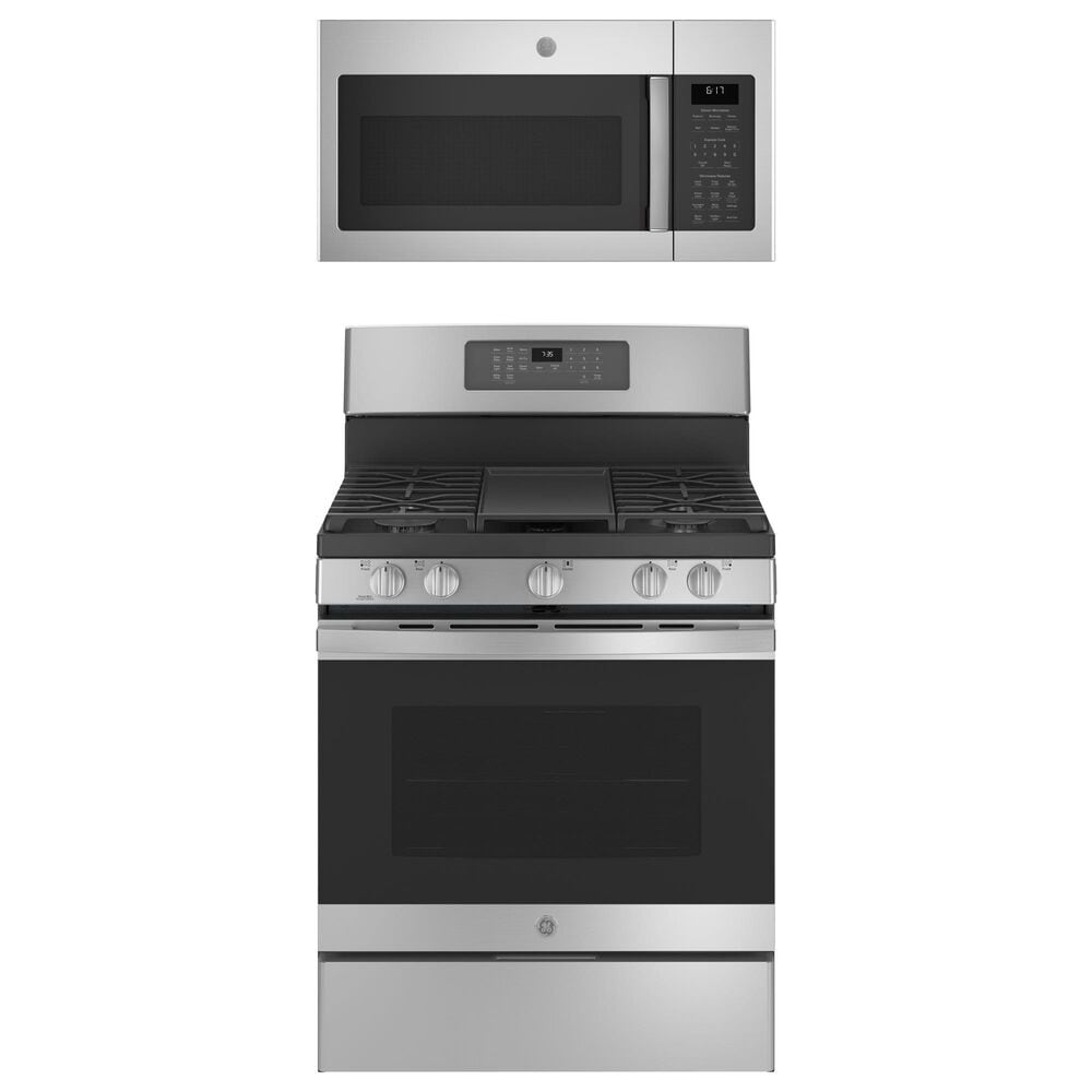 GE Appliances 2-Piece Kitchen Package with 30&quot; Free-Standing Gas Range and 1.7 Cu. Ft. Microwave Oven in Stainless Steel and Gray, , large